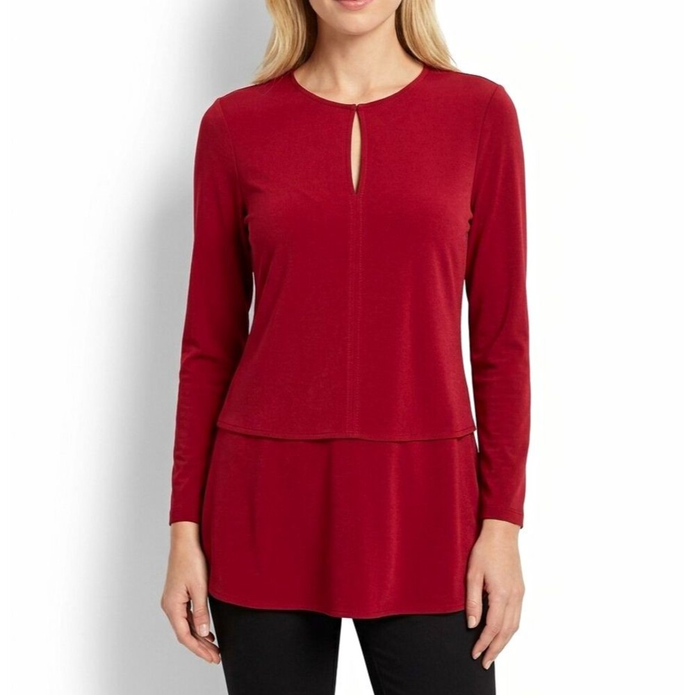 Lauren Ralph Lauren Womens Top S Red Knit Keyhole Neck 3/4 Slv Peplum Holiday 9